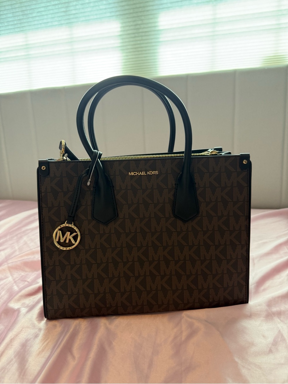 Michael Kors Maple Brown MK Monogram Satchel with Black Handles and Gold Accent